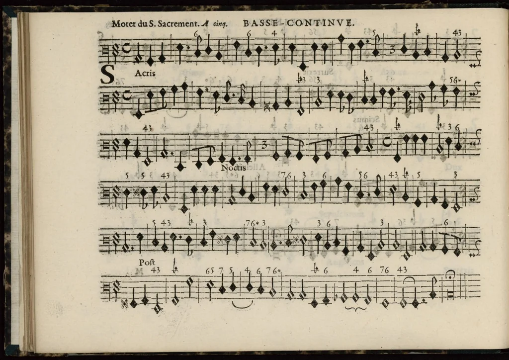 An illustration from Meslanges de sujets chrestiens, cantiques, litanies et motets. Mis en musique, à 2, 3, 4, & 5 parties, avec une Basse-continuë. Dediez à Madame la Duchesse d'Orleans. Par Estienne Moulinié de Languedoc, chef ordinaire de la musique de Son Altesse Royale Monseigneur le Duc d'Orleans. Basse-continue., 1658, leaf 59