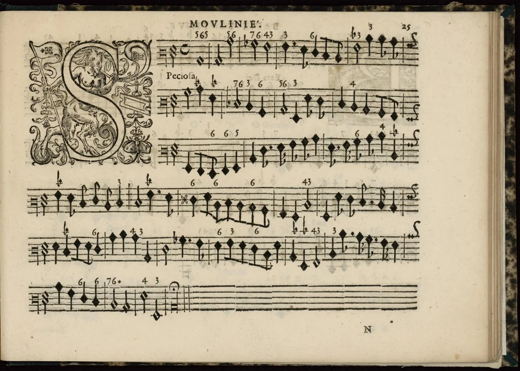 An illustration from Meslanges de sujets chrestiens, cantiques, litanies et motets. Mis en musique, à 2, 3, 4, & 5 parties, avec une Basse-continuë. Dediez à Madame la Duchesse d'Orleans. Par Estienne Moulinié de Languedoc, chef ordinaire de la musique de Son Altesse Royale Monseigneur le Duc d'Orleans. Basse-continue., 1658, leaf 62