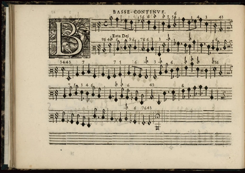 An illustration from Meslanges de sujets chrestiens, cantiques, litanies et motets. Mis en musique, à 2, 3, 4, & 5 parties, avec une Basse-continuë. Dediez à Madame la Duchesse d'Orleans. Par Estienne Moulinié de Languedoc, chef ordinaire de la musique de Son Altesse Royale Monseigneur le Duc d'Orleans. Basse-continue., 1658, leaf 63