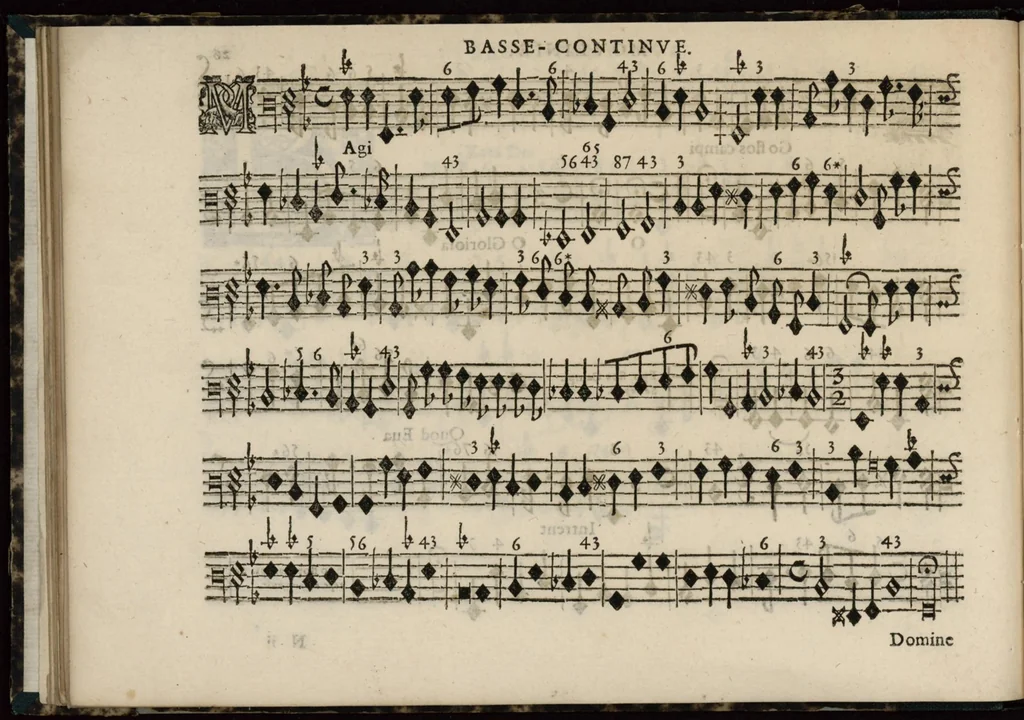 An illustration from Meslanges de sujets chrestiens, cantiques, litanies et motets. Mis en musique, à 2, 3, 4, & 5 parties, avec une Basse-continuë. Dediez à Madame la Duchesse d'Orleans. Par Estienne Moulinié de Languedoc, chef ordinaire de la musique de Son Altesse Royale Monseigneur le Duc d'Orleans. Basse-continue., 1658, leaf 65