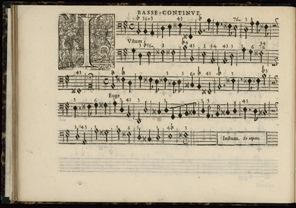 An illustration from Meslanges de sujets chrestiens, cantiques, litanies et motets. Mis en musique, à 2, 3, 4, & 5 parties, avec une Basse-continuë. Dediez à Madame la Duchesse d'Orleans. Par Estienne Moulinié de Languedoc, chef ordinaire de la musique de Son Altesse Royale Monseigneur le Duc d'Orleans. Basse-continue., 1658, leaf 67