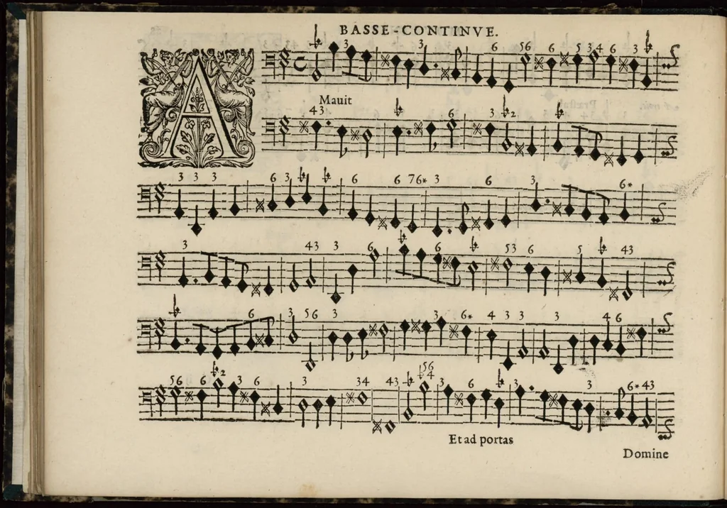 An illustration from Meslanges de sujets chrestiens, cantiques, litanies et motets. Mis en musique, à 2, 3, 4, & 5 parties, avec une Basse-continuë. Dediez à Madame la Duchesse d'Orleans. Par Estienne Moulinié de Languedoc, chef ordinaire de la musique de Son Altesse Royale Monseigneur le Duc d'Orleans. Basse-continue., 1658, leaf 69