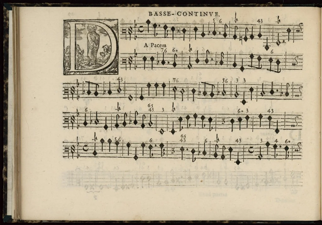 An illustration from Meslanges de sujets chrestiens, cantiques, litanies et motets. Mis en musique, à 2, 3, 4, & 5 parties, avec une Basse-continuë. Dediez à Madame la Duchesse d'Orleans. Par Estienne Moulinié de Languedoc, chef ordinaire de la musique de Son Altesse Royale Monseigneur le Duc d'Orleans. Basse-continue., 1658, leaf 71