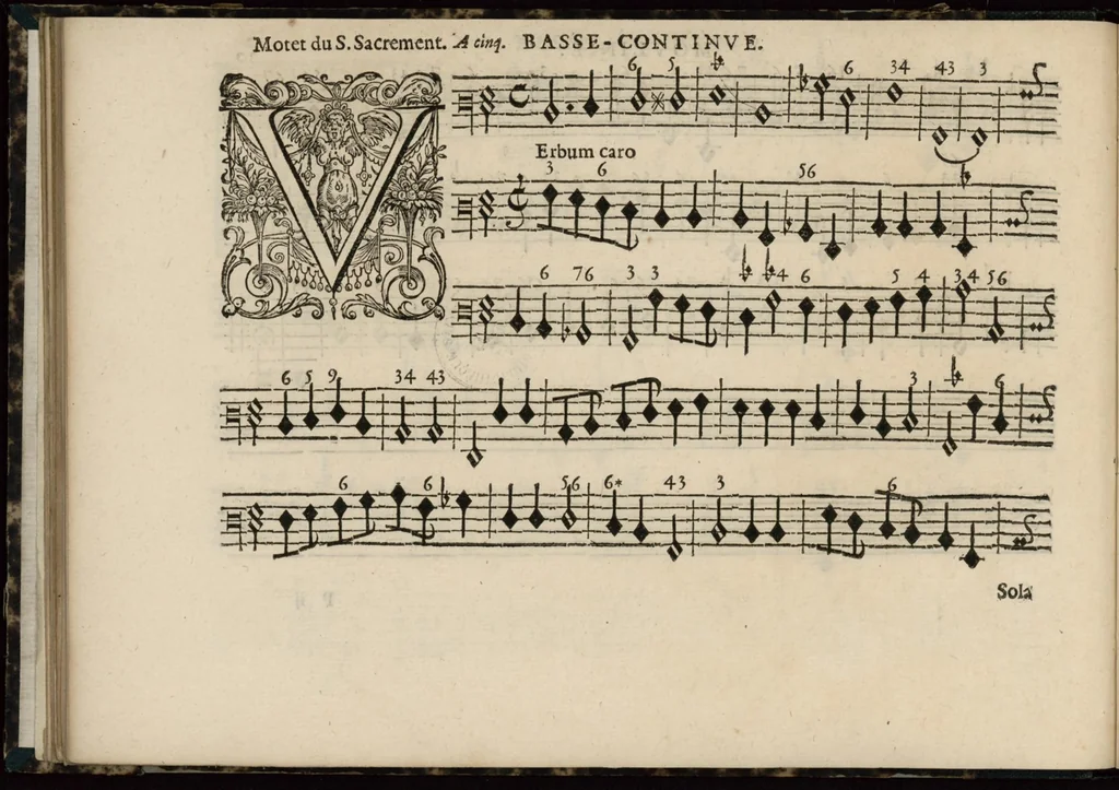 An illustration from Meslanges de sujets chrestiens, cantiques, litanies et motets. Mis en musique, à 2, 3, 4, & 5 parties, avec une Basse-continuë. Dediez à Madame la Duchesse d'Orleans. Par Estienne Moulinié de Languedoc, chef ordinaire de la musique de Son Altesse Royale Monseigneur le Duc d'Orleans. Basse-continue., 1658, leaf 73