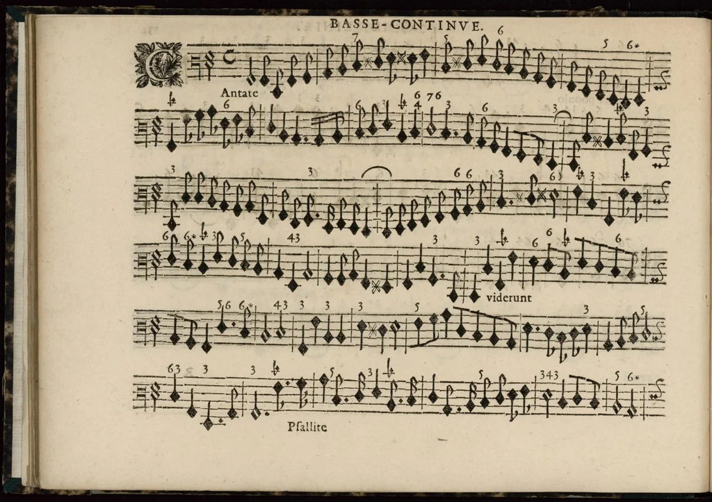 An illustration from Meslanges de sujets chrestiens, cantiques, litanies et motets. Mis en musique, à 2, 3, 4, & 5 parties, avec une Basse-continuë. Dediez à Madame la Duchesse d'Orleans. Par Estienne Moulinié de Languedoc, chef ordinaire de la musique de Son Altesse Royale Monseigneur le Duc d'Orleans. Basse-continue., 1658, leaf 79