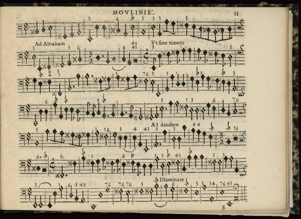 An illustration from Meslanges de sujets chrestiens, cantiques, litanies et motets. Mis en musique, à 2, 3, 4, & 5 parties, avec une Basse-continuë. Dediez à Madame la Duchesse d'Orleans. Par Estienne Moulinié de Languedoc, chef ordinaire de la musique de Son Altesse Royale Monseigneur le Duc d'Orleans. Basse-continue., 1658, leaf 82