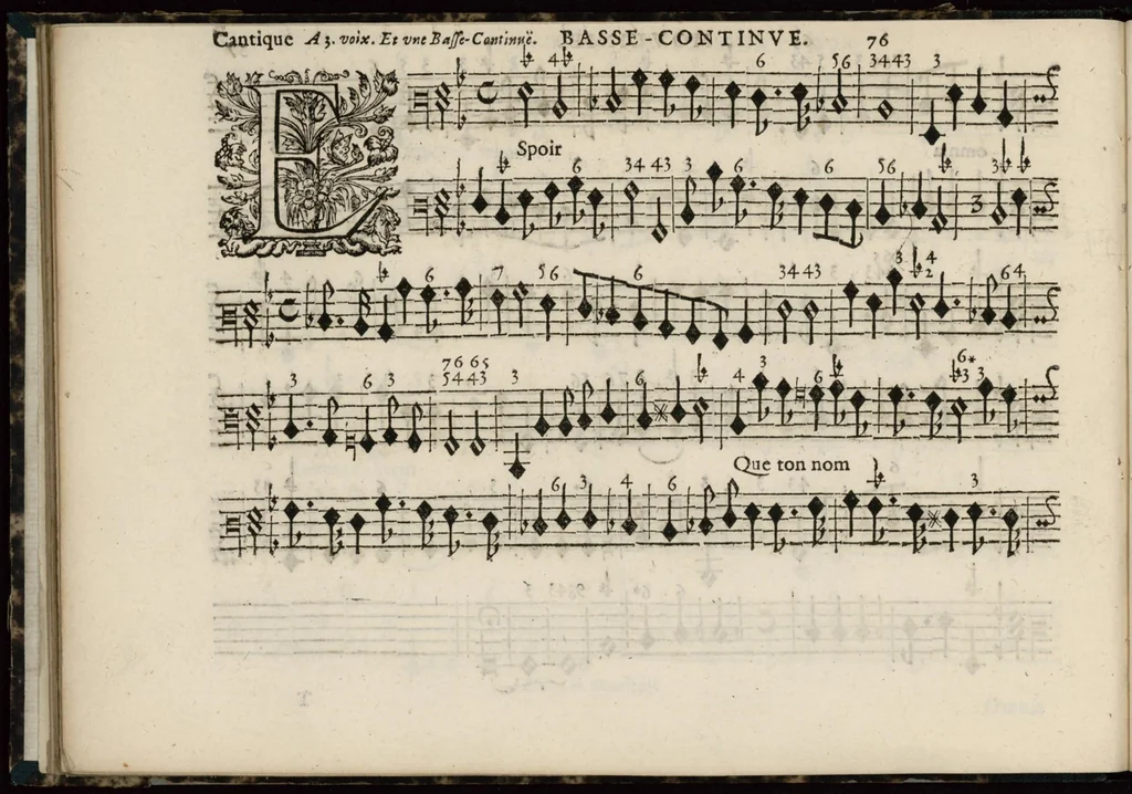 An illustration from Meslanges de sujets chrestiens, cantiques, litanies et motets. Mis en musique, à 2, 3, 4, & 5 parties, avec une Basse-continuë. Dediez à Madame la Duchesse d'Orleans. Par Estienne Moulinié de Languedoc, chef ordinaire de la musique de Son Altesse Royale Monseigneur le Duc d'Orleans. Basse-continue., 1658, leaf 87