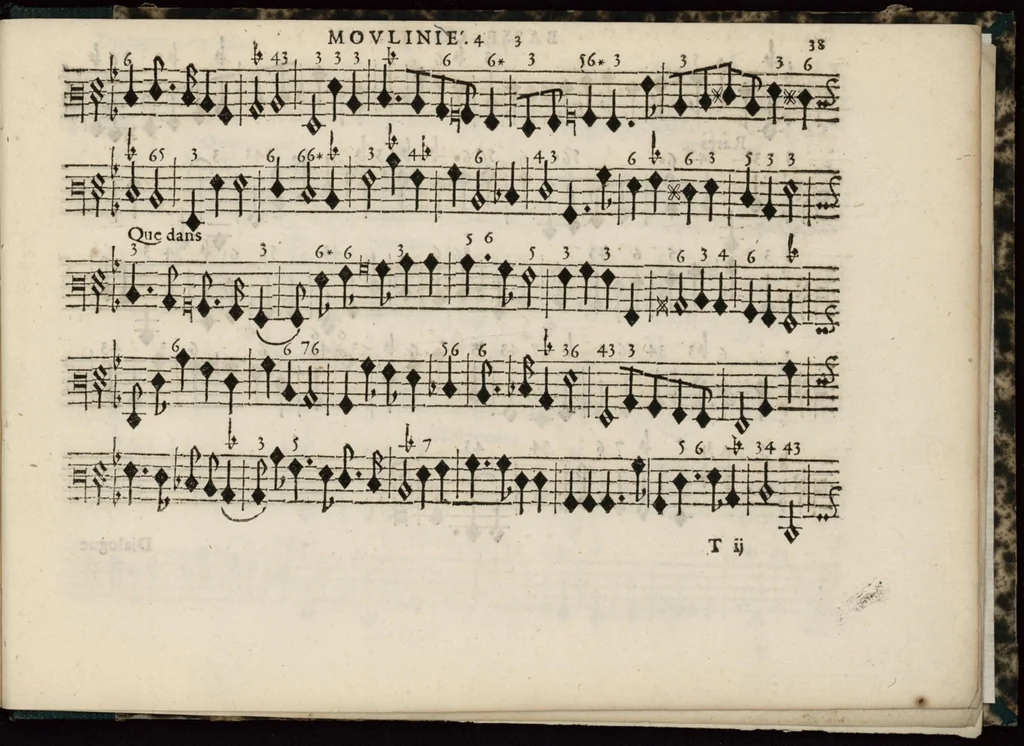 An illustration from Meslanges de sujets chrestiens, cantiques, litanies et motets. Mis en musique, à 2, 3, 4, & 5 parties, avec une Basse-continuë. Dediez à Madame la Duchesse d'Orleans. Par Estienne Moulinié de Languedoc, chef ordinaire de la musique de Son Altesse Royale Monseigneur le Duc d'Orleans. Basse-continue., 1658, leaf 88