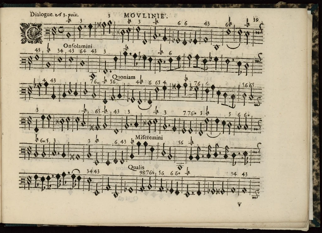 An illustration from Meslanges de sujets chrestiens, cantiques, litanies et motets. Mis en musique, à 2, 3, 4, & 5 parties, avec une Basse-continuë. Dediez à Madame la Duchesse d'Orleans. Par Estienne Moulinié de Languedoc, chef ordinaire de la musique de Son Altesse Royale Monseigneur le Duc d'Orleans. Basse-continue., 1658, leaf 90