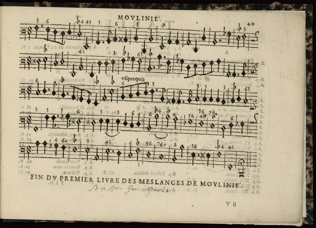 An illustration from Meslanges de sujets chrestiens, cantiques, litanies et motets. Mis en musique, à 2, 3, 4, & 5 parties, avec une Basse-continuë. Dediez à Madame la Duchesse d'Orleans. Par Estienne Moulinié de Languedoc, chef ordinaire de la musique de Son Altesse Royale Monseigneur le Duc d'Orleans. Basse-continue., 1658, leaf 92