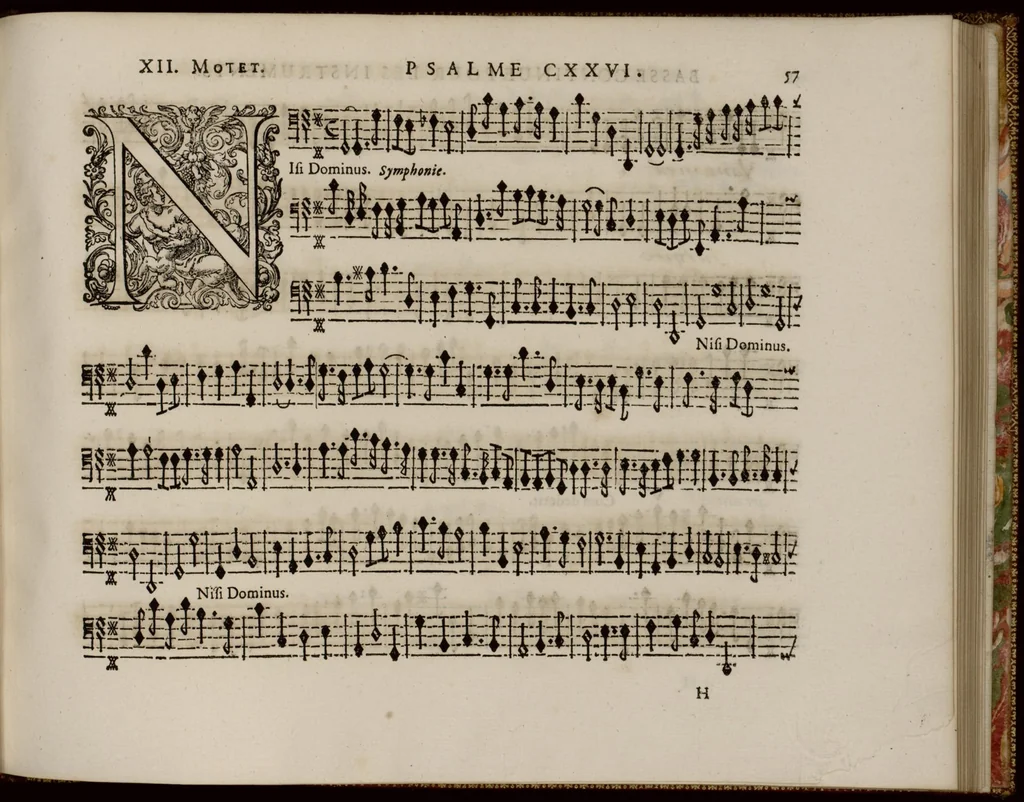 An illustration from Motets pour la chapelle du Roy, mis en musique, par Monsieur l'abbé Robert, maistre de la musique de ladite chapelle. Basse-continue pour les instruments., 1684, leaf 68
