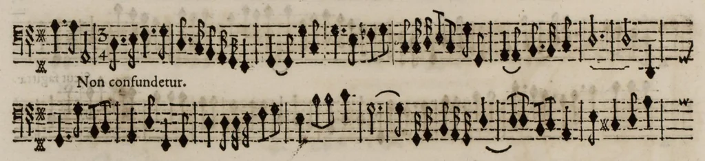 An illustration from Motets pour la chapelle du Roy, mis en musique, par Monsieur l'abbé Robert, maistre de la musique de ladite chapelle. Basse-continue pour les instruments., 1684, leaf 71