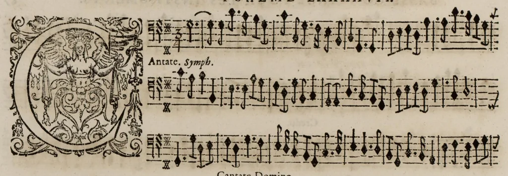 An illustration from Motets pour la chapelle du Roy, mis en musique, par Monsieur l'abbé Robert, maistre de la musique de ladite chapelle. Basse-continue pour les instruments., 1684, leaf 79