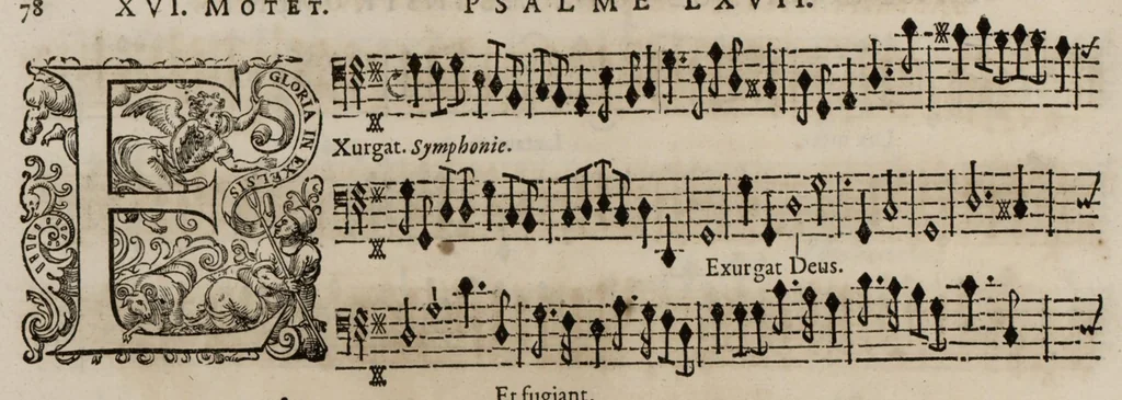 An illustration from Motets pour la chapelle du Roy, mis en musique, par Monsieur l'abbé Robert, maistre de la musique de ladite chapelle. Basse-continue pour les instruments., 1684, leaf 89