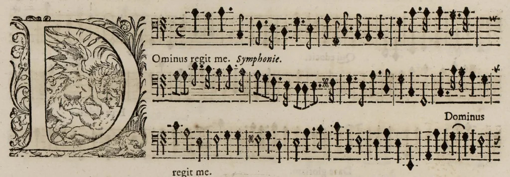 An illustration from Motets pour la chapelle du Roy, mis en musique, par Monsieur l'abbé Robert, maistre de la musique de ladite chapelle. Basse-continue pour les instruments., 1684, leaf 93