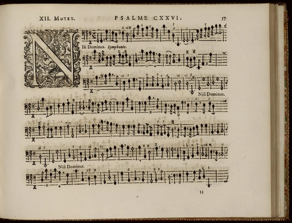 An illustration from Motets pour la chapelle du Roy, mis en musique, par Monsieur l'abbé Robert, maistre de la musique de ladite chapelle. Basse-continue pour l'orgue., 1684, leaf 68