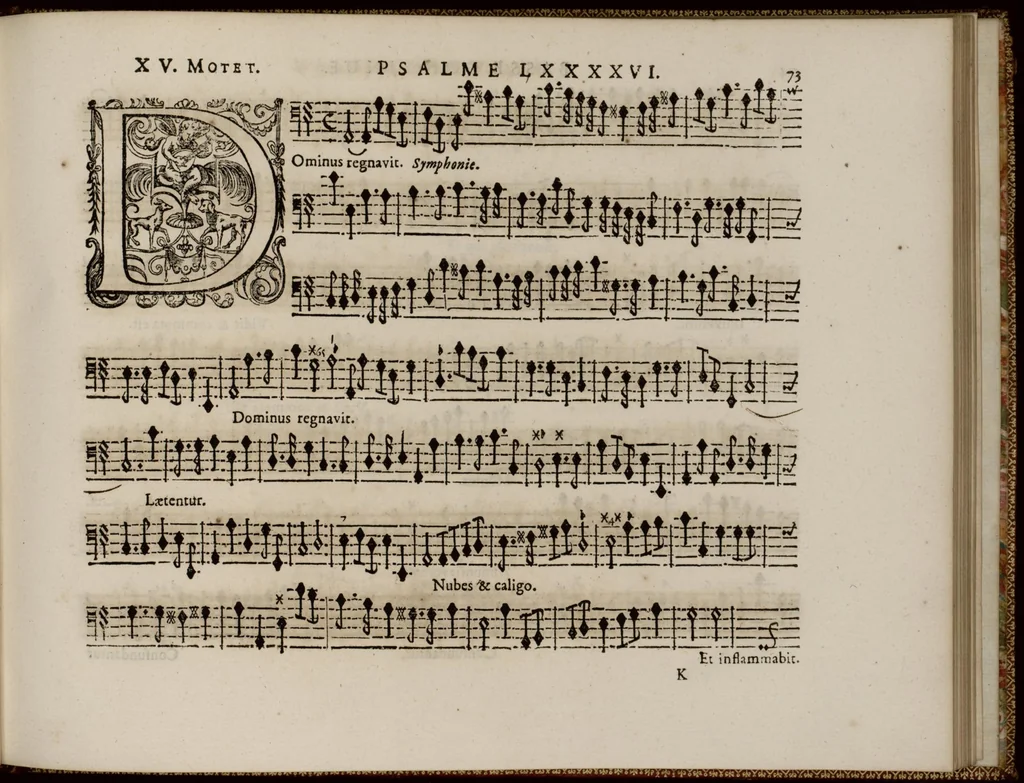 An illustration from Motets pour la chapelle du Roy, mis en musique, par Monsieur l'abbé Robert, maistre de la musique de ladite chapelle. Basse-continue pour l'orgue., 1684, leaf 84