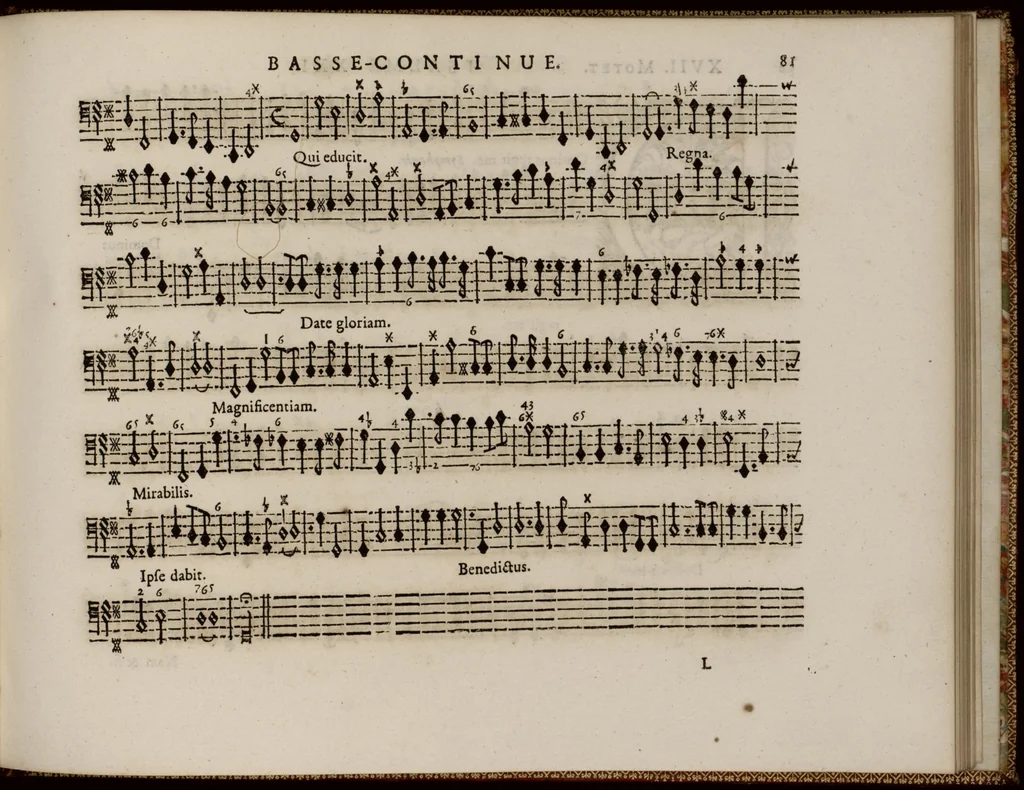 An illustration from Motets pour la chapelle du Roy, mis en musique, par Monsieur l'abbé Robert, maistre de la musique de ladite chapelle. Basse-continue pour l'orgue., 1684, leaf 92