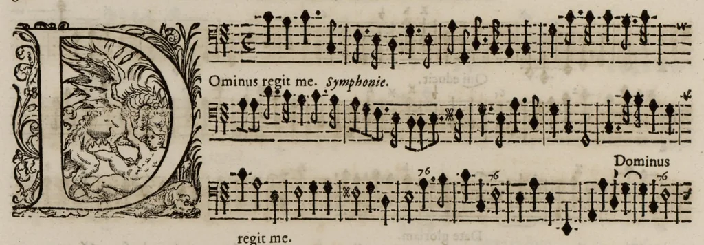 An illustration from Motets pour la chapelle du Roy, mis en musique, par Monsieur l'abbé Robert, maistre de la musique de ladite chapelle. Basse-continue pour l'orgue., 1684, leaf 93