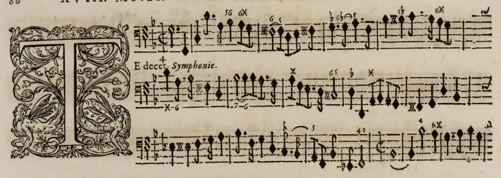 An illustration from Motets pour la chapelle du Roy, mis en musique, par Monsieur l'abbé Robert, maistre de la musique de ladite chapelle. Basse-continue pour l'orgue., 1684, leaf 97