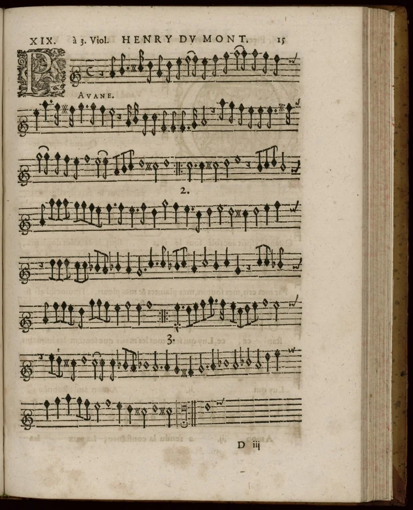 An illustration from Meslanges a II. III. IV. et V. parties, avec la basse-continue. Contenant plusieurs chansons, motets, magnificats, preludes, & allemandes pour l'orgue et pour les violes. Et les litanies de la Vierge. Par le sieur Du Mont, organiste de son altesse royale le duc d'Anjou, frere unique du Roy ; & en l'eglise S. Paul. Livre second. Dessus., 1657, leaf 40