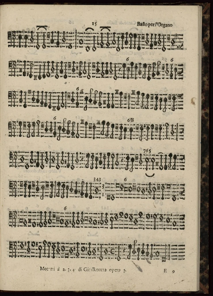 An illustration from Basso-continuo. Motetti concertati a due, tre, quattro, & cinque voci con le litanie della Madonna, et una messa concertata à voci pari di Gio. Rovetta vice maestro di cappella della Serinissima Republica opera terza. Novamente ristampata con privilegio., 1640, leaf 22