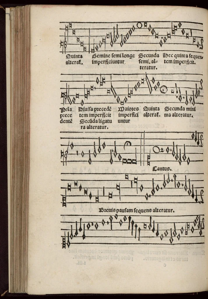 An illustration from Enchiridion musices Nicolai Wollici Barroducensis de gregoriana et figurativa atque contrapuncto simplici percommode tractans, omnibus cantu oblectantibus, perutile et necessarium., 1512, leaf 143