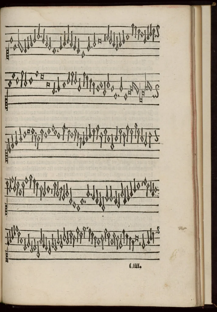 An illustration from Enchiridion musices Nicolai Wollici Barroducensis de gregoriana et figurativa atque contrapuncto simplici percommode tractans, omnibus cantu oblectantibus, perutile et necessarium., 1512, leaf 144