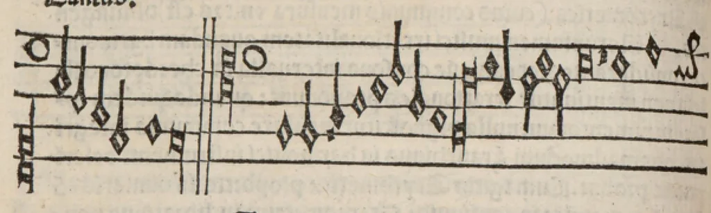 An illustration from Enchiridion musices Nicolai Wollici Barroducensis de gregoriana et figurativa atque contrapuncto simplici percommode tractans, omnibus cantu oblectantibus, perutile et necessarium., 1512, leaf 151