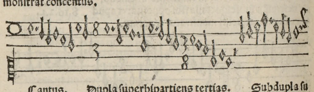 An illustration from Enchiridion musices Nicolai Wollici Barroducensis de gregoriana et figurativa atque contrapuncto simplici percommode tractans, omnibus cantu oblectantibus, perutile et necessarium., 1512, leaf 159