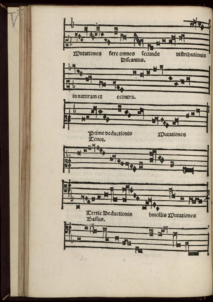 An illustration from Enchiridion musices Nicolai Wollici Barroducensis de gregoriana et figurativa atque contrapuncto simplici percommode tractans, omnibus cantu oblectantibus, perutile et necessarium., 1512, leaf 43