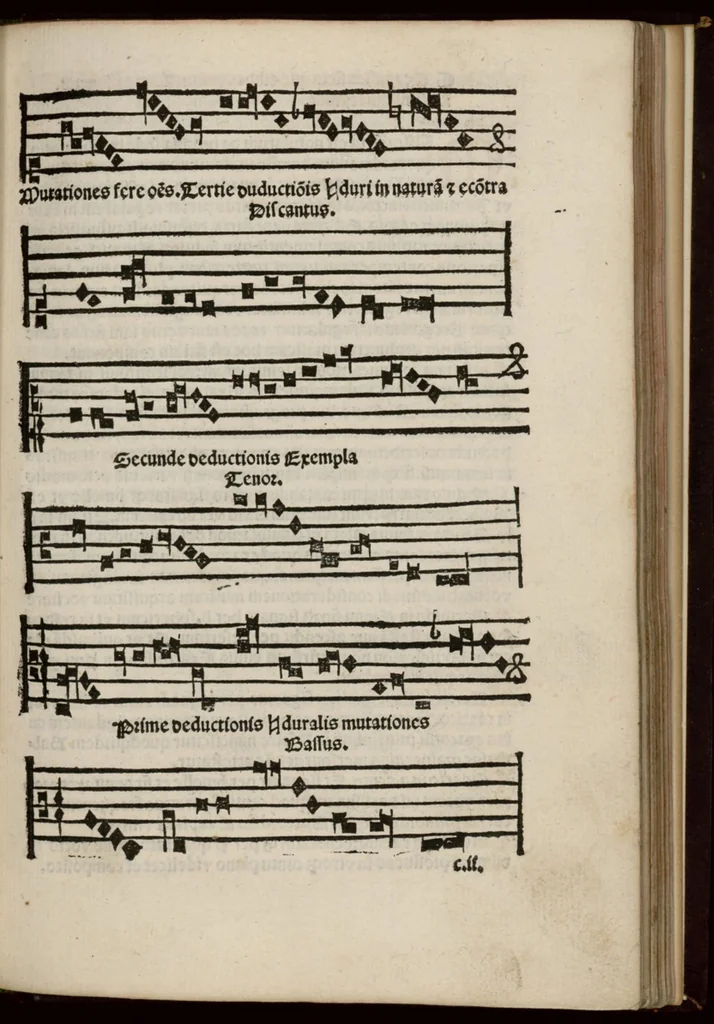 An illustration from Enchiridion musices Nicolai Wollici Barroducensis de gregoriana et figurativa atque contrapuncto simplici percommode tractans, omnibus cantu oblectantibus, perutile et necessarium., 1512, leaf 44