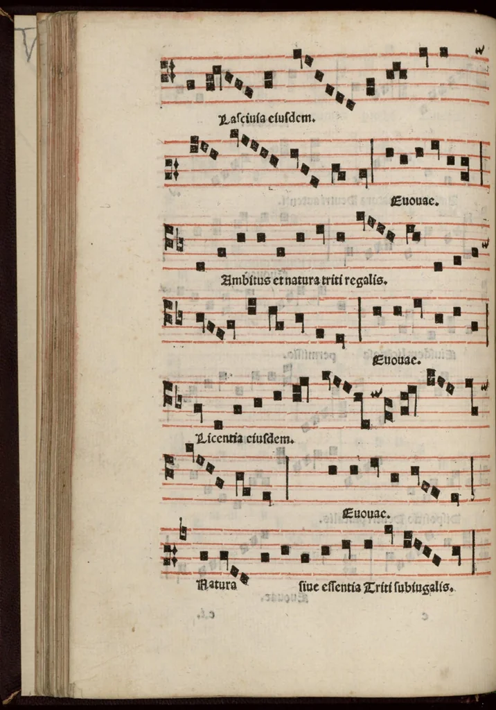 An illustration from Enchiridion musices Nicolai Wollici Barroducensis de gregoriana et figurativa atque contrapuncto simplici percommode tractans, omnibus cantu oblectantibus, perutile et necessarium., 1512, leaf 75