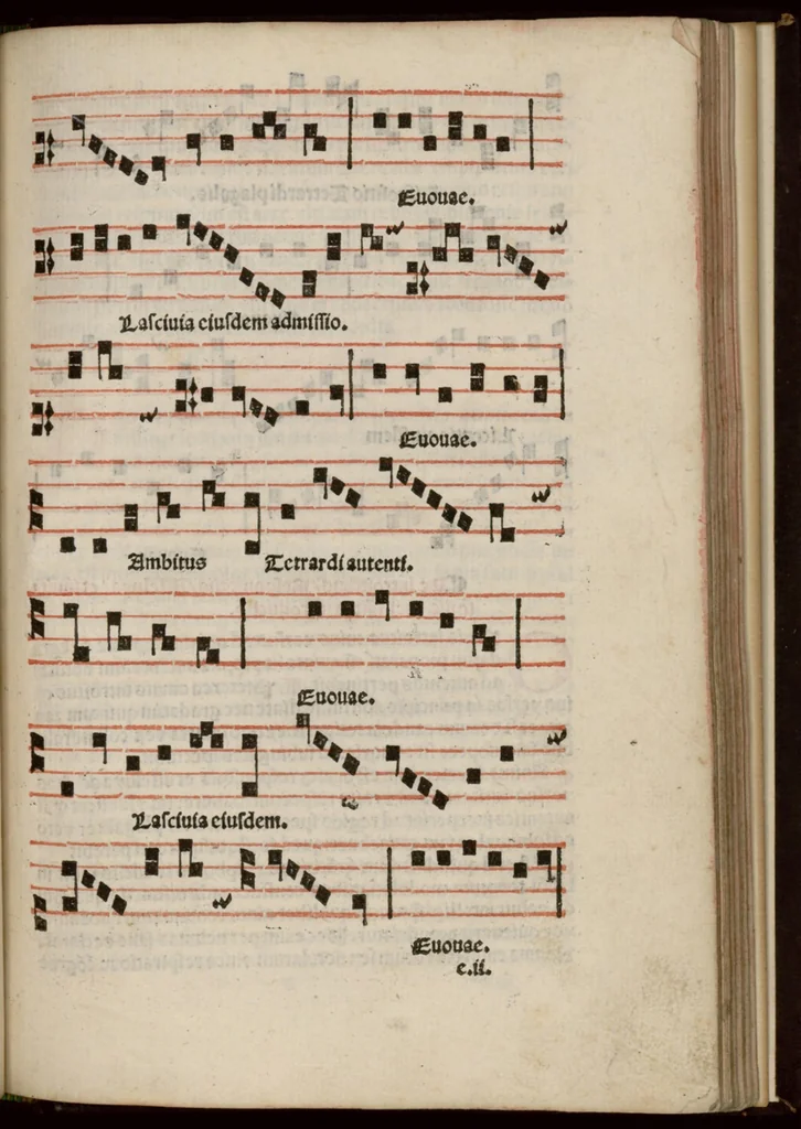An illustration from Enchiridion musices Nicolai Wollici Barroducensis de gregoriana et figurativa atque contrapuncto simplici percommode tractans, omnibus cantu oblectantibus, perutile et necessarium., 1512, leaf 76