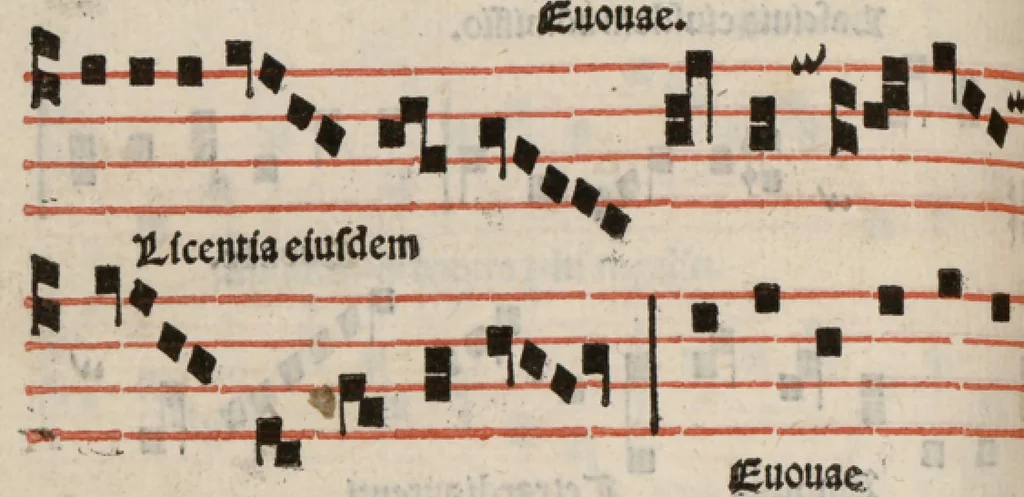 An illustration from Enchiridion musices Nicolai Wollici Barroducensis de gregoriana et figurativa atque contrapuncto simplici percommode tractans, omnibus cantu oblectantibus, perutile et necessarium., 1512, leaf 77