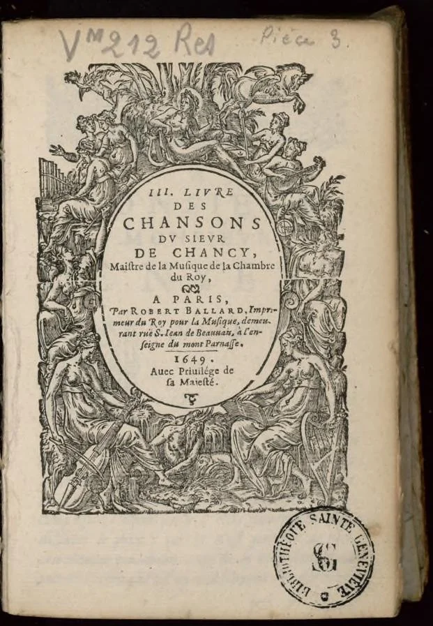 An illustration from III. Livre des chansons du sieur de Chancy, maistre de la musique de la chambre du Roy., 1649, leaf 6