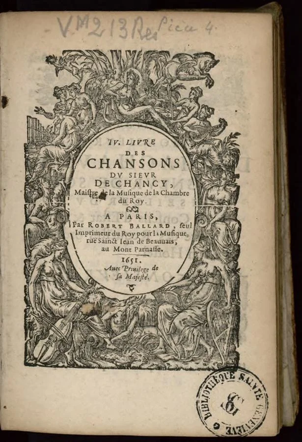 An illustration from IV. Livre de chansons du sieur de Chancy, maistre de la musique de la chambre du Roy., 1651, leaf 6