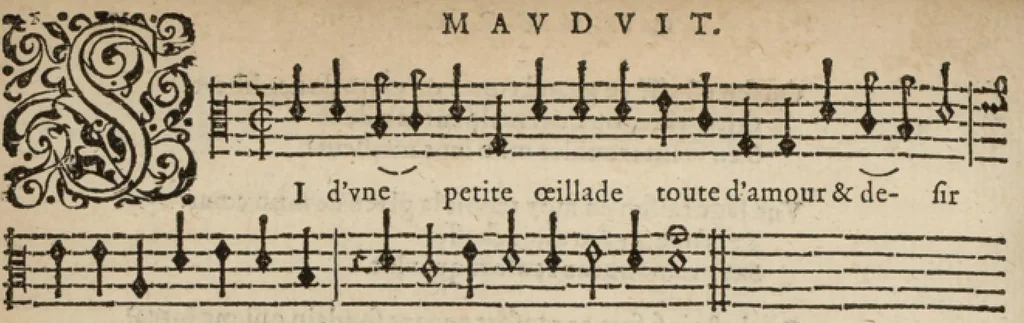 An illustration from Contra. Chansonnettes mesurees de Jan-Antoine de Baif mises en musique a quatre parties par Jacques Mauduit Parisien., 1586, leaf 39