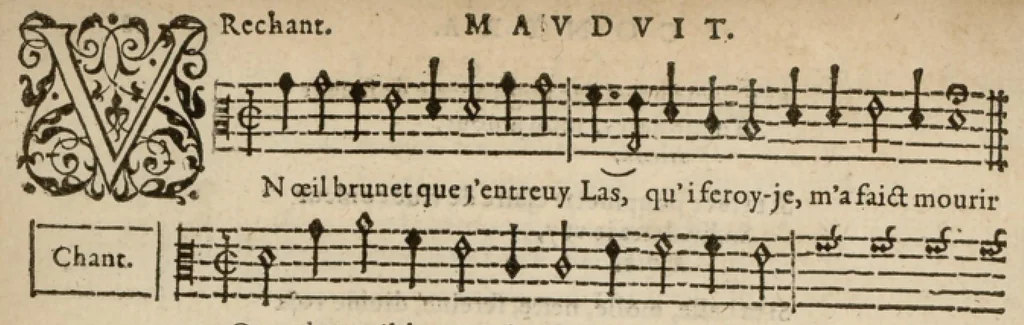 An illustration from Contra. Chansonnettes mesurees de Jan-Antoine de Baif mises en musique a quatre parties par Jacques Mauduit Parisien., 1586, leaf 41