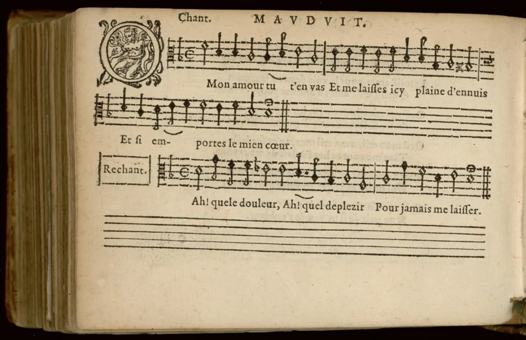 An illustration from Contra. Chansonnettes mesurees de Jan-Antoine de Baif mises en musique a quatre parties par Jacques Mauduit Parisien., 1586, leaf 43