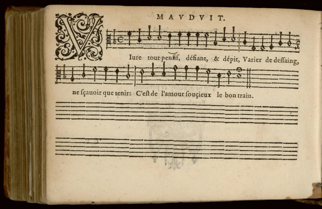 An illustration from Contra. Chansonnettes mesurees de Jan-Antoine de Baif mises en musique a quatre parties par Jacques Mauduit Parisien., 1586, leaf 47