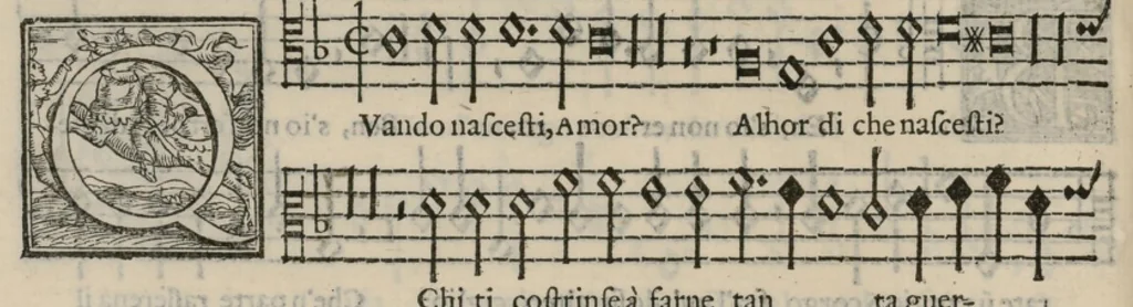 An illustration from Musica nova di Adriano Willaert all'illustrissimo et eccellentissimo signor il signor donno Alfonso d'Este prencipe di Ferrara. Quinta pars., 1559, leaf 101