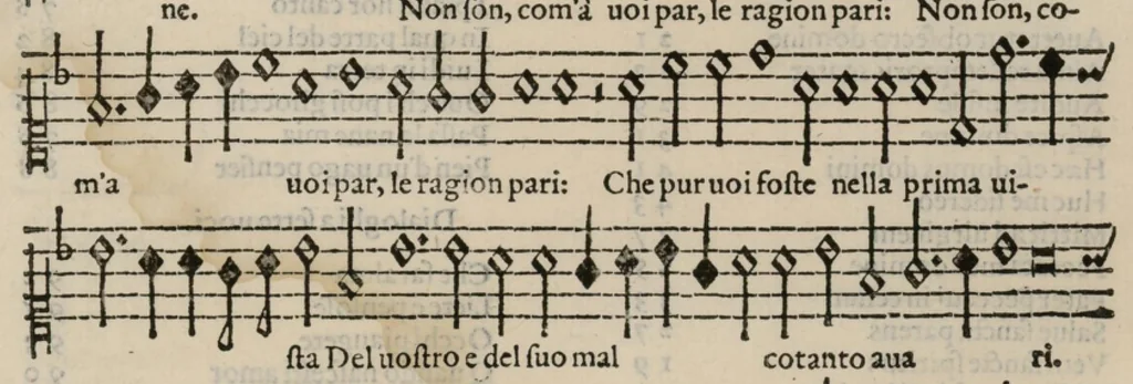 An illustration from Musica nova di Adriano Willaert all'illustrissimo et eccellentissimo signor il signor donno Alfonso d'Este prencipe di Ferrara. Quinta pars., 1559, leaf 104