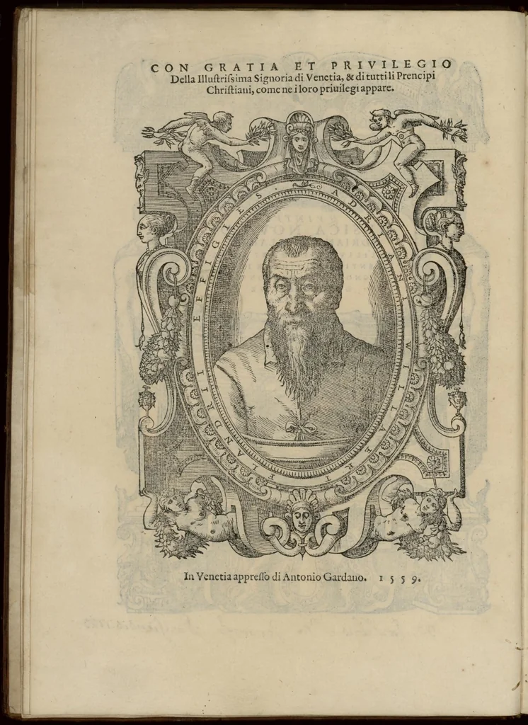 An illustration from Musica nova di Adriano Willaert all'illustrissimo et eccellentissimo signor il signor donno Alfonso d'Este prencipe di Ferrara. Quinta pars., 1559, leaf 11