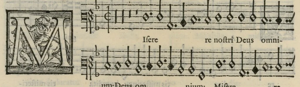 An illustration from Musica nova di Adriano Willaert all'illustrissimo et eccellentissimo signor il signor donno Alfonso d'Este prencipe di Ferrara. Quinta pars., 1559, leaf 21
