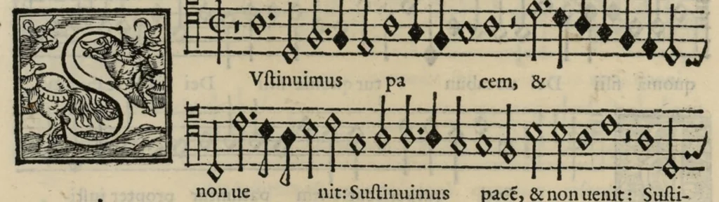 An illustration from Musica nova di Adriano Willaert all'illustrissimo et eccellentissimo signor il signor donno Alfonso d'Este prencipe di Ferrara. Quinta pars., 1559, leaf 27