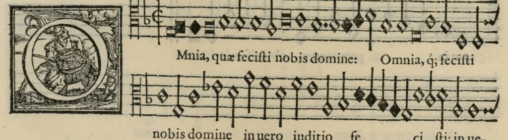 An illustration from Musica nova di Adriano Willaert all'illustrissimo et eccellentissimo signor il signor donno Alfonso d'Este prencipe di Ferrara. Quinta pars., 1559, leaf 29