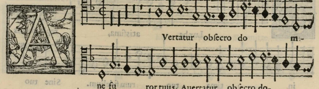 An illustration from Musica nova di Adriano Willaert all'illustrissimo et eccellentissimo signor il signor donno Alfonso d'Este prencipe di Ferrara. Quinta pars., 1559, leaf 33