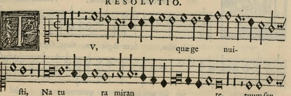 An illustration from Musica nova di Adriano Willaert all'illustrissimo et eccellentissimo signor il signor donno Alfonso d'Este prencipe di Ferrara. Quinta pars., 1559, leaf 36