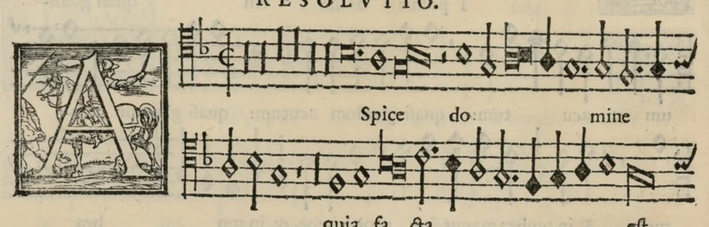 An illustration from Musica nova di Adriano Willaert all'illustrissimo et eccellentissimo signor il signor donno Alfonso d'Este prencipe di Ferrara. Quinta pars., 1559, leaf 43